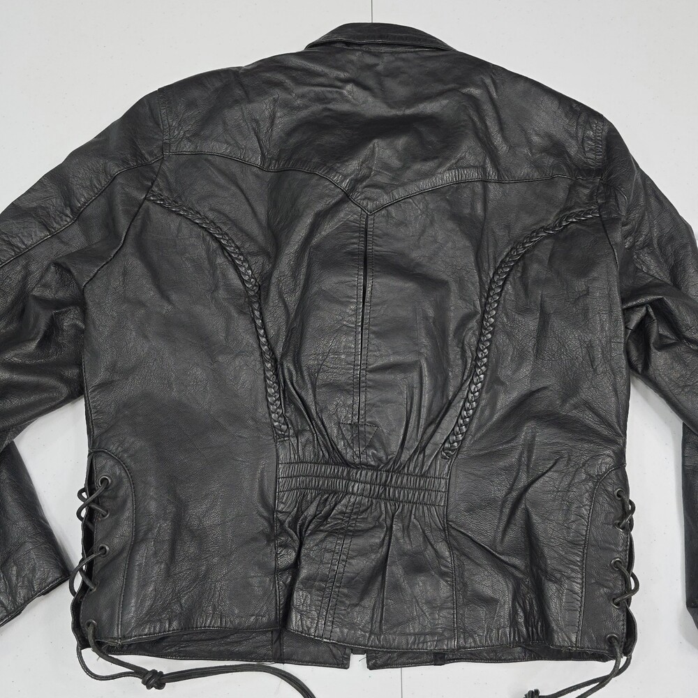 Vtg Barney's Leather Women XL Motorcycle Moto Jacket Biker Black Braided Fitted